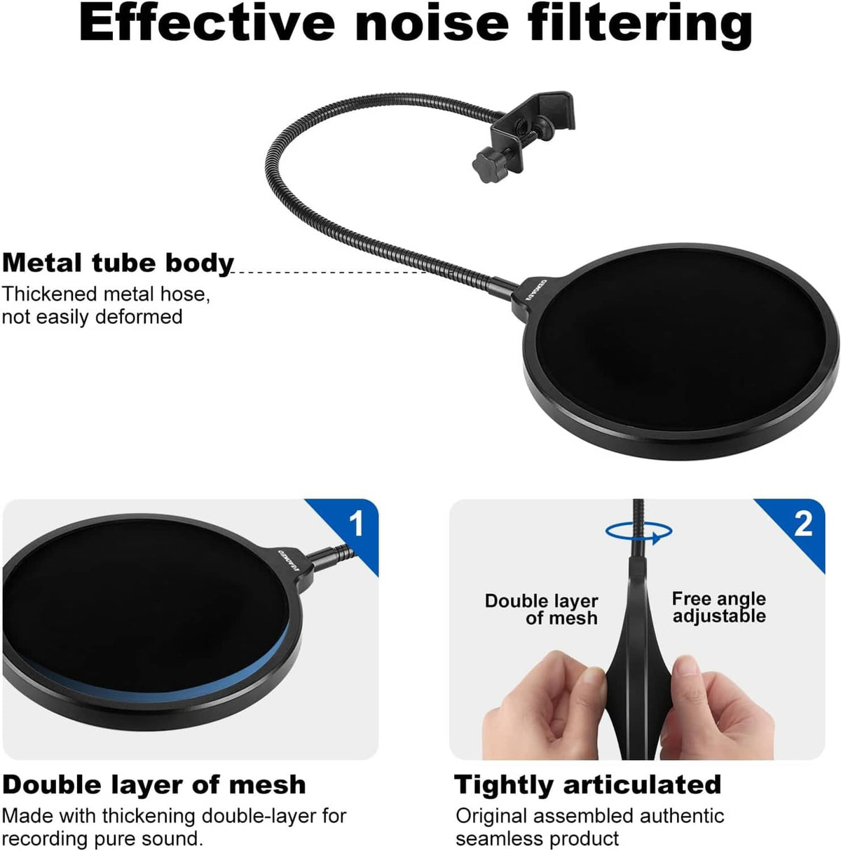 Black pop filter shield with double-layer mesh and adjustable stand arm