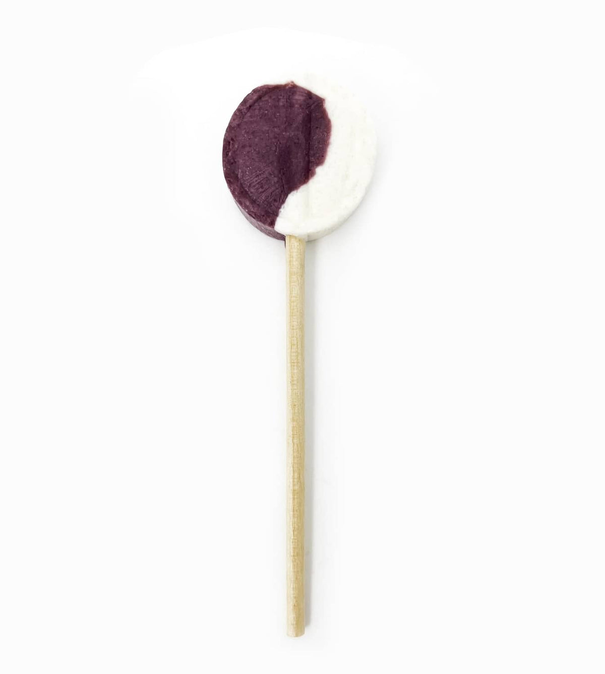 Swirled purple and white gag suppressing sucker on a wooden stick