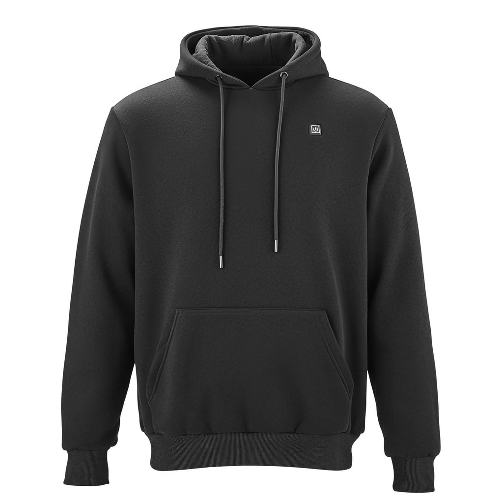 Black heated hoodie jacket front view, drawstring hood and kangaroo pocket