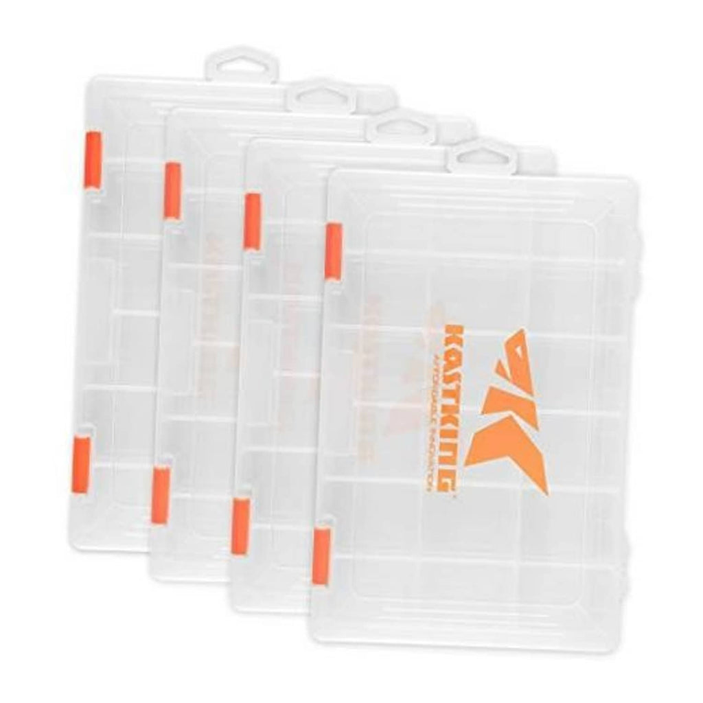 Clear plastic 4-pack tackle boxes with orange latches and grid compartments