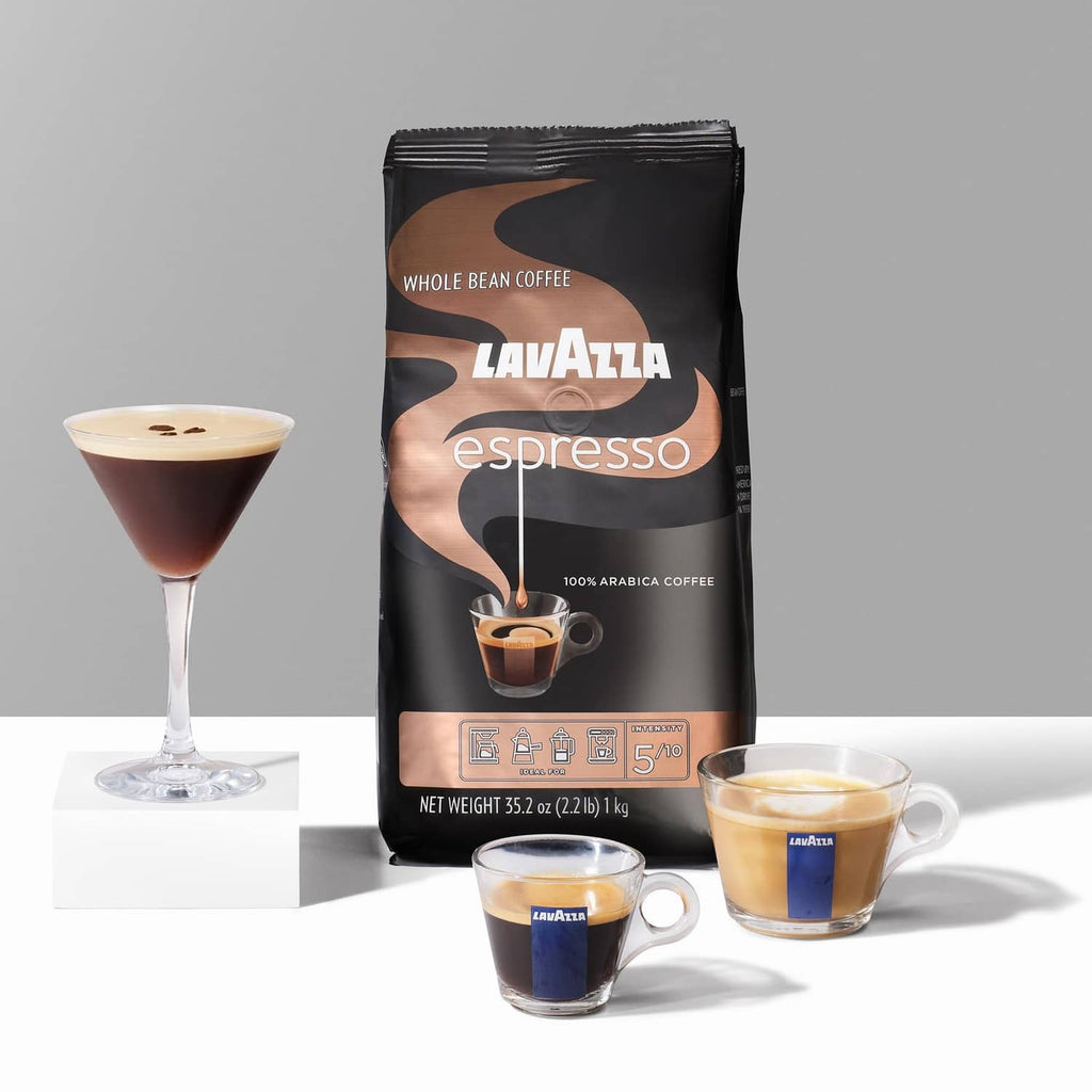 Lavazza espresso whole bean coffee bag with two espresso cups and coffee drinks