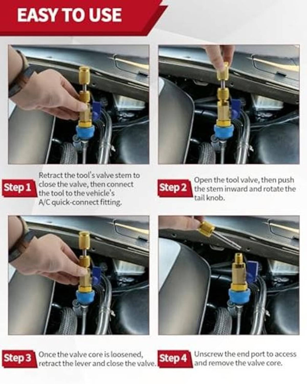 Brass valve core remover tool being used on an AC line with colored couplers
