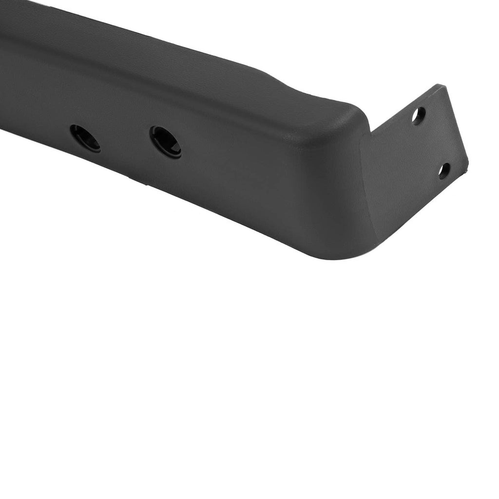 Corner view of black rear bumper bar with end cap and mounting holes