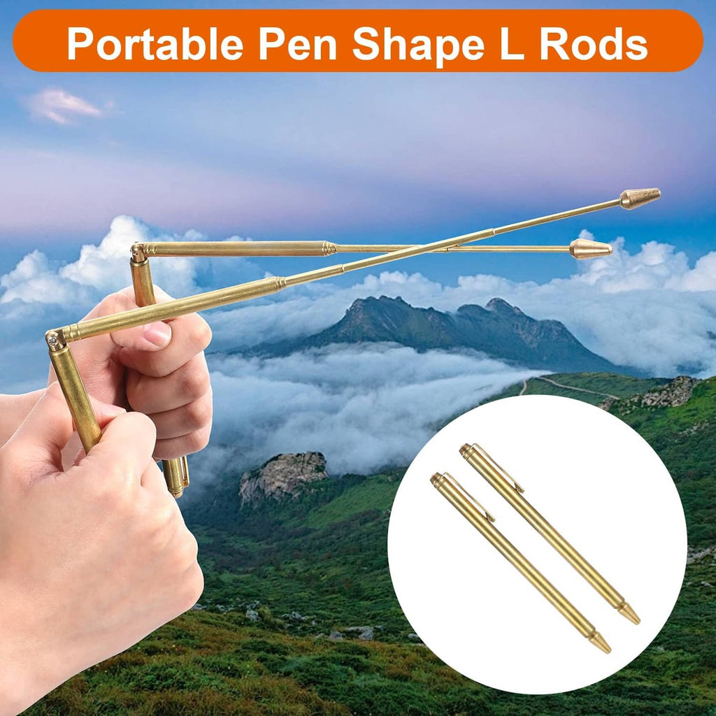 Portable brass L-shaped dowsing rod, pen-style retractable tube with pointed tip