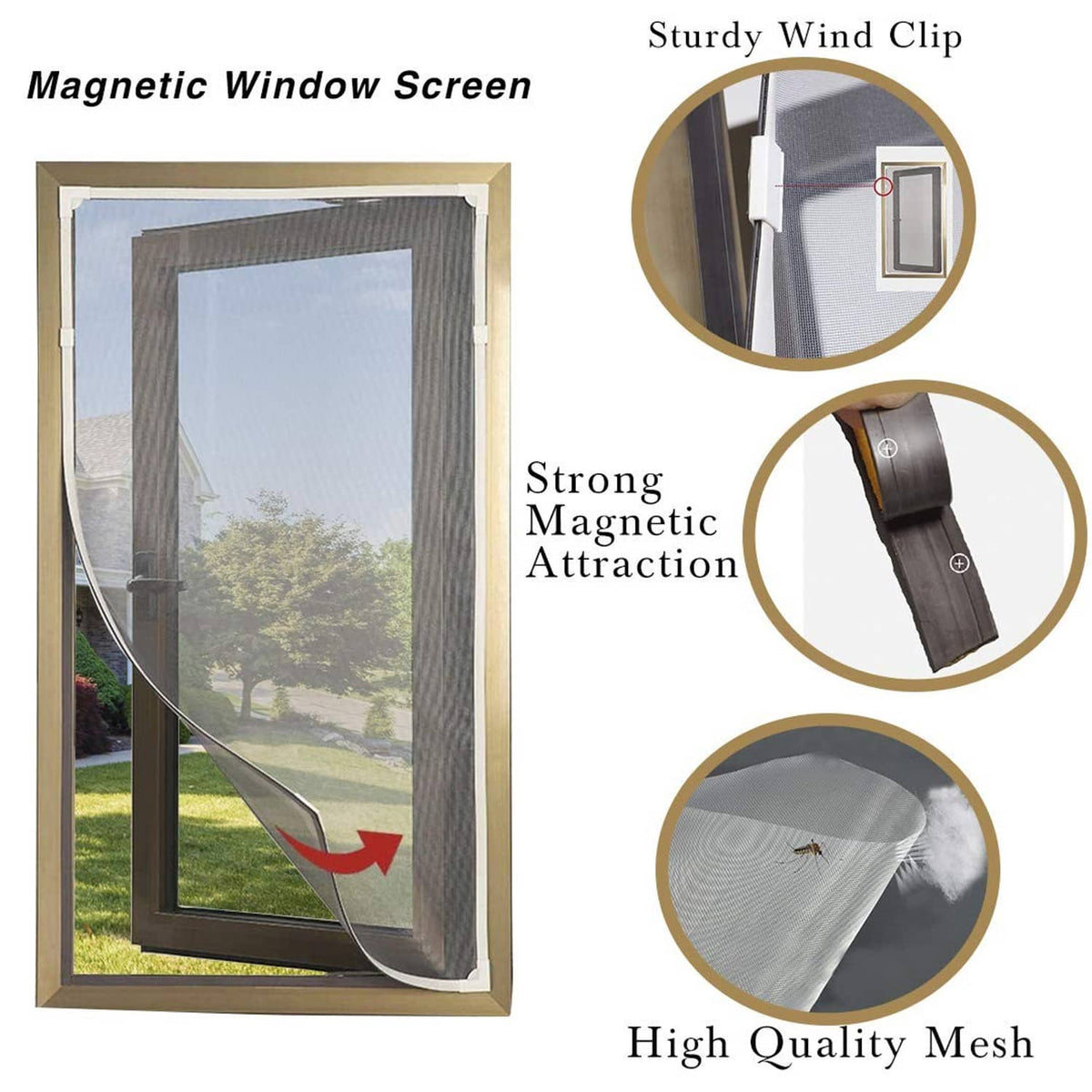 Magnetic window screen with sturdy wind clip and strong attraction on gray mesh