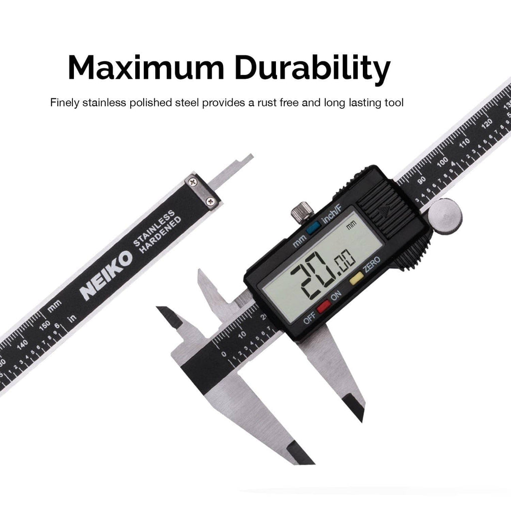 Digital electronic caliper with LCD display, stainless steel scale and sliding caliper body