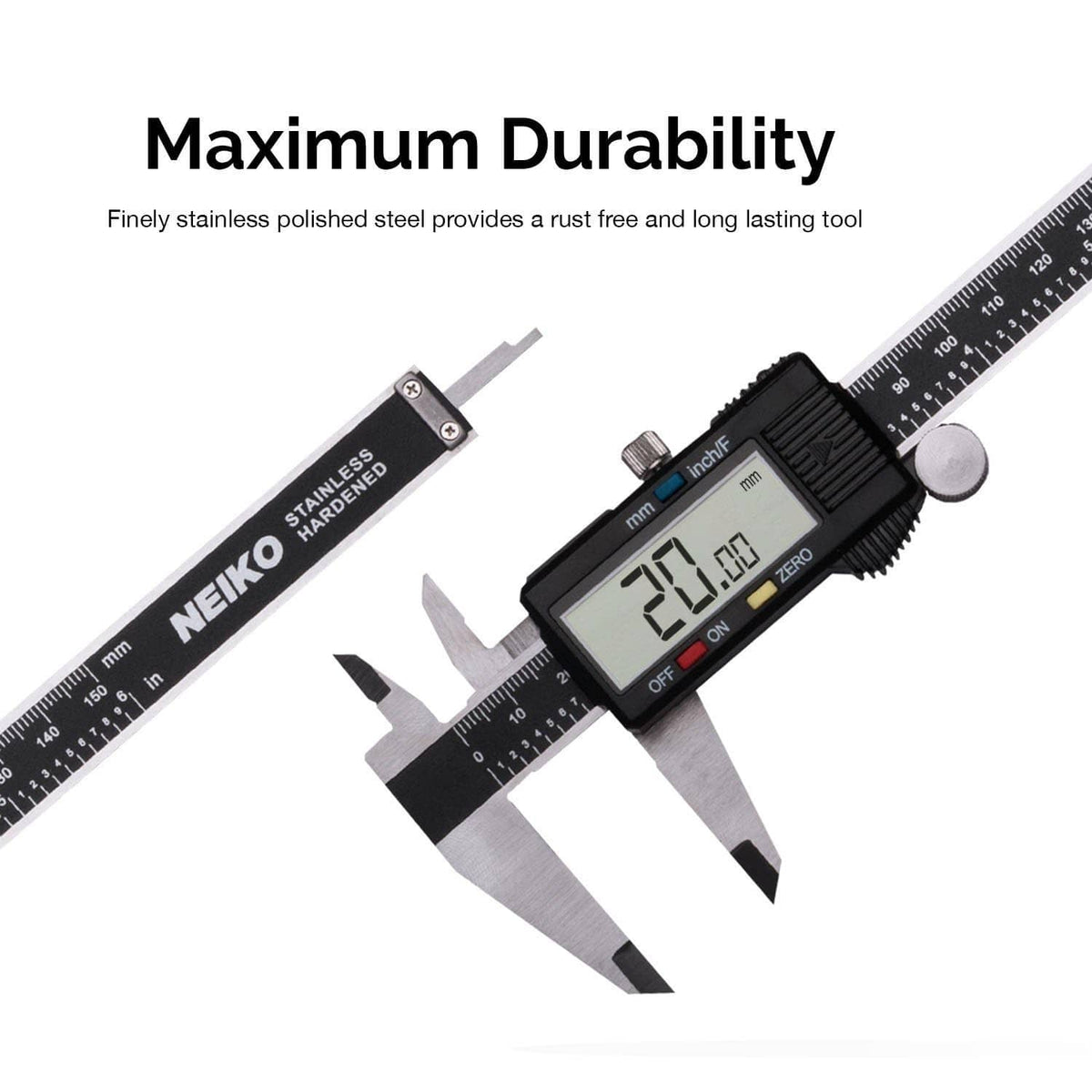 Digital electronic caliper with LCD display, stainless steel scale and sliding caliper body
