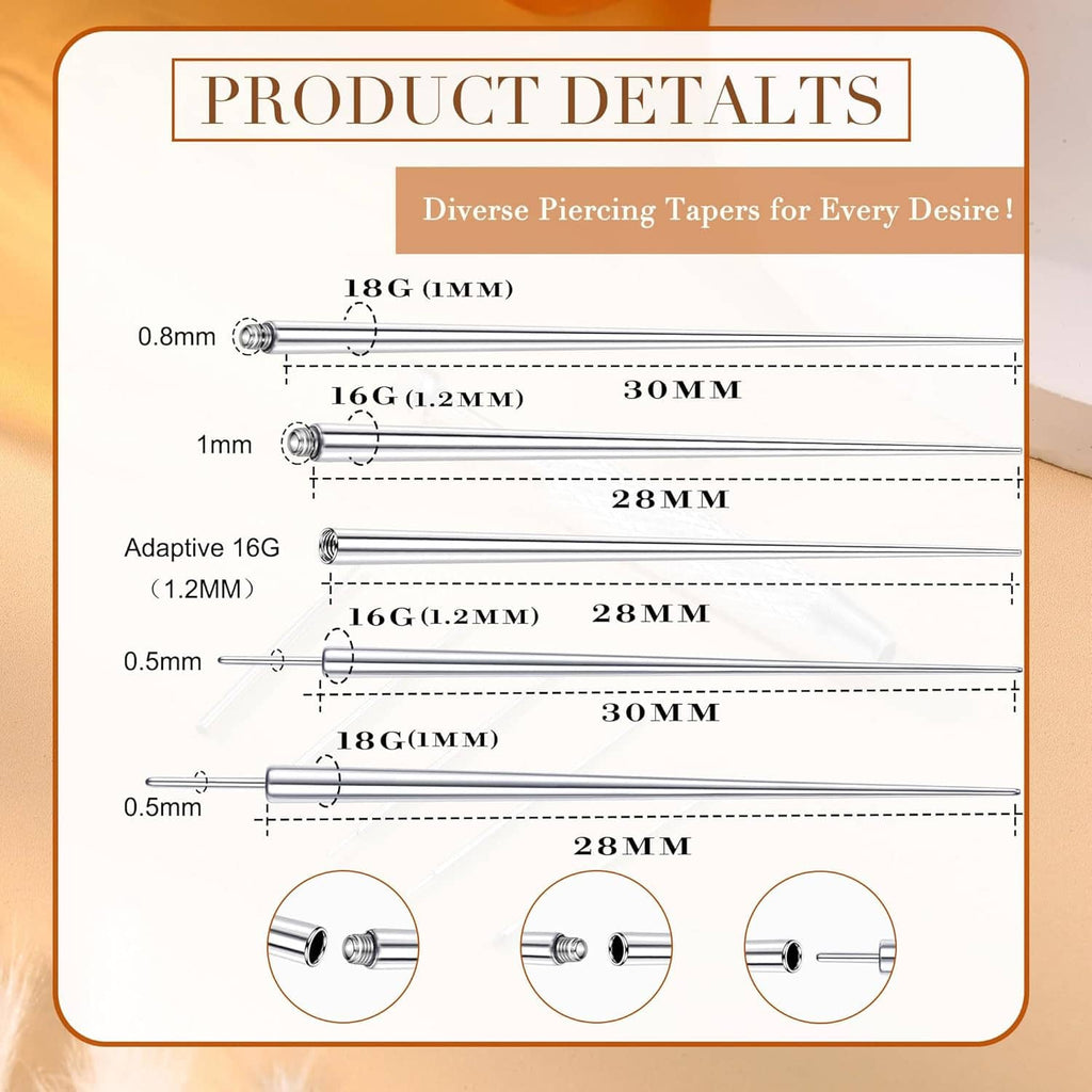 Product size diagram for piercing taper rods, showing gauge options and measurements