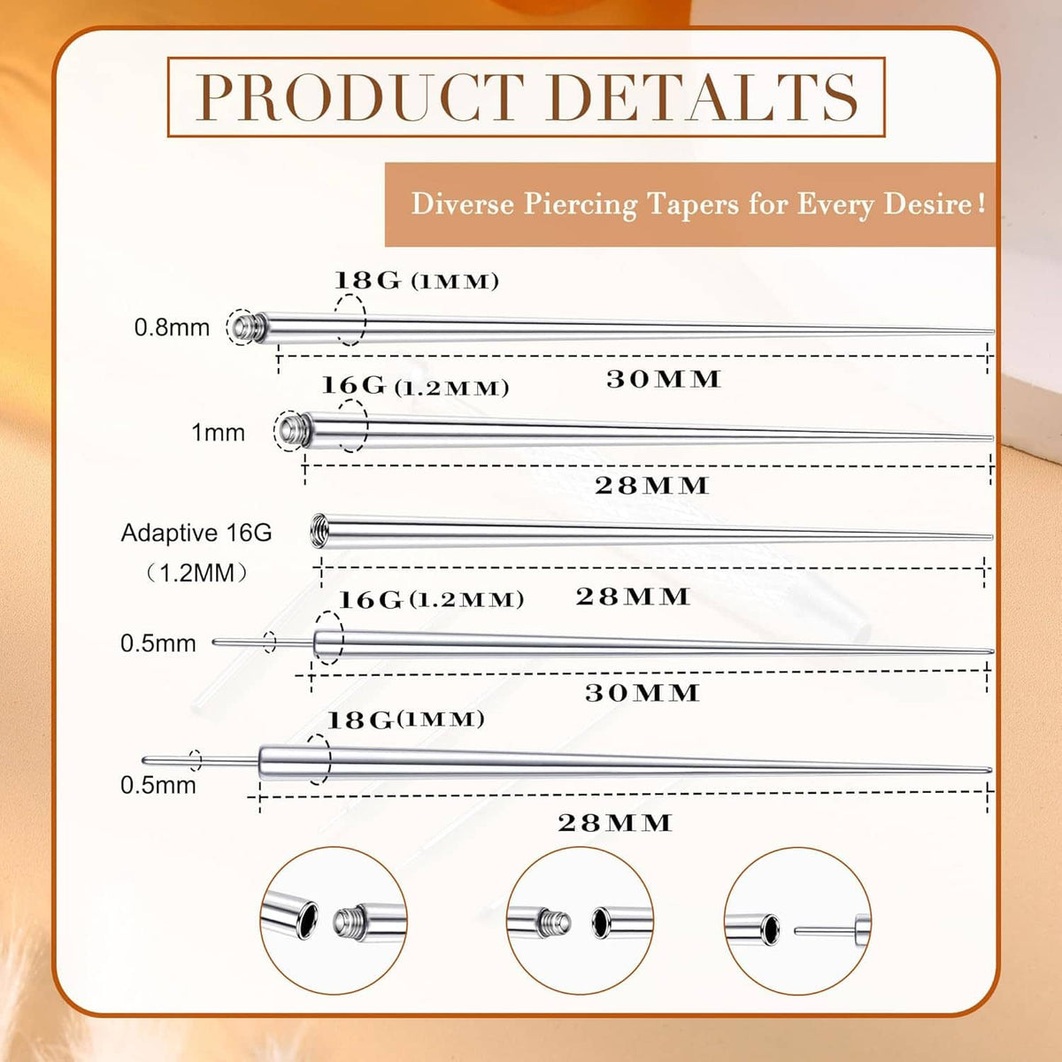 Product size diagram for piercing taper rods, showing gauge options and measurements