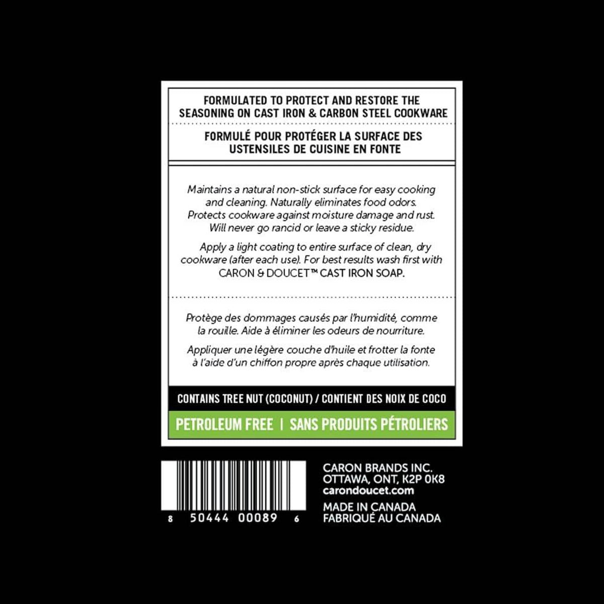Caron & Doucet Cast Iron Oil bottle back label, 8 fl oz (236 ml) product details.