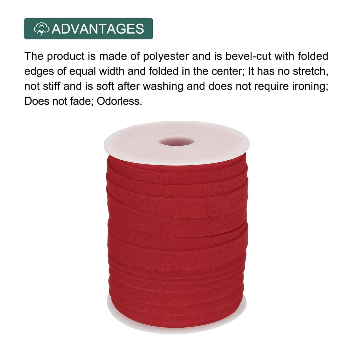 Wine red double-fold bias tape wound on white spool, folded ribbon loops