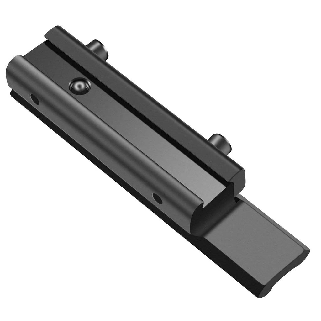Black rail adapter body with stop-pin hole and dovetail base for attachment