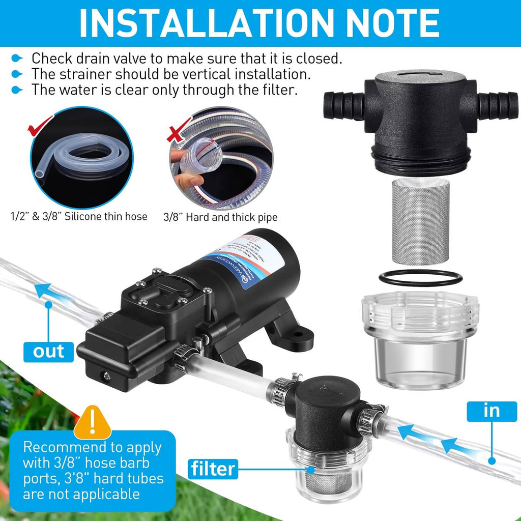 Water pump strainer filter with O-ring gasket, black housing, and stainless mesh basket