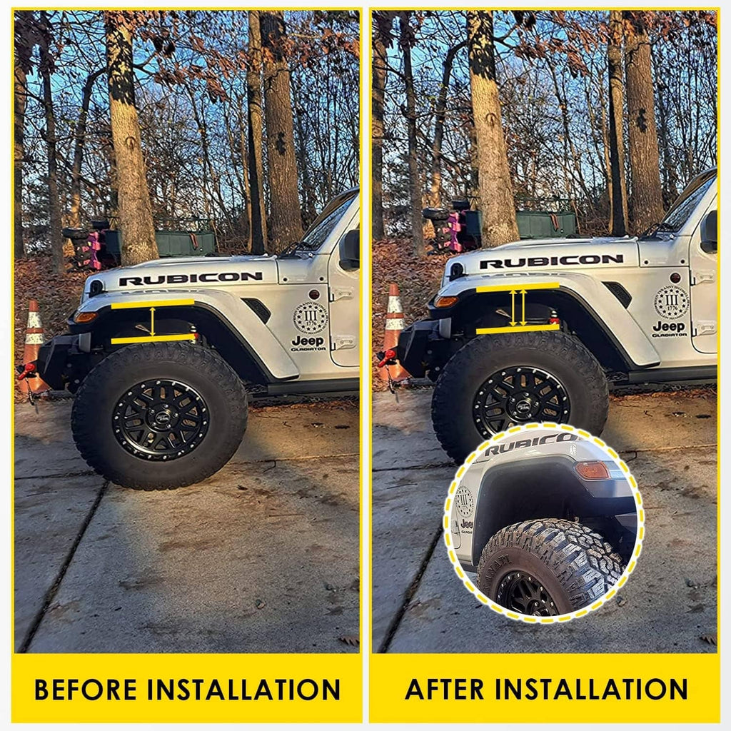 Vehicle with front suspension lifted using leveling spacers, showing before and after clearance