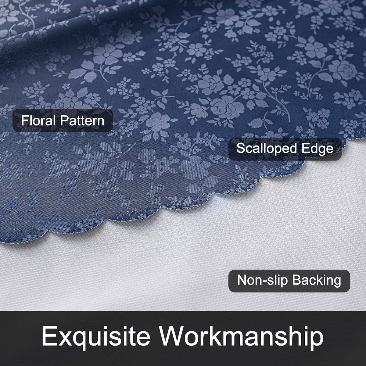Blue floral tablecloth with scalloped edge and non-slip backing detail