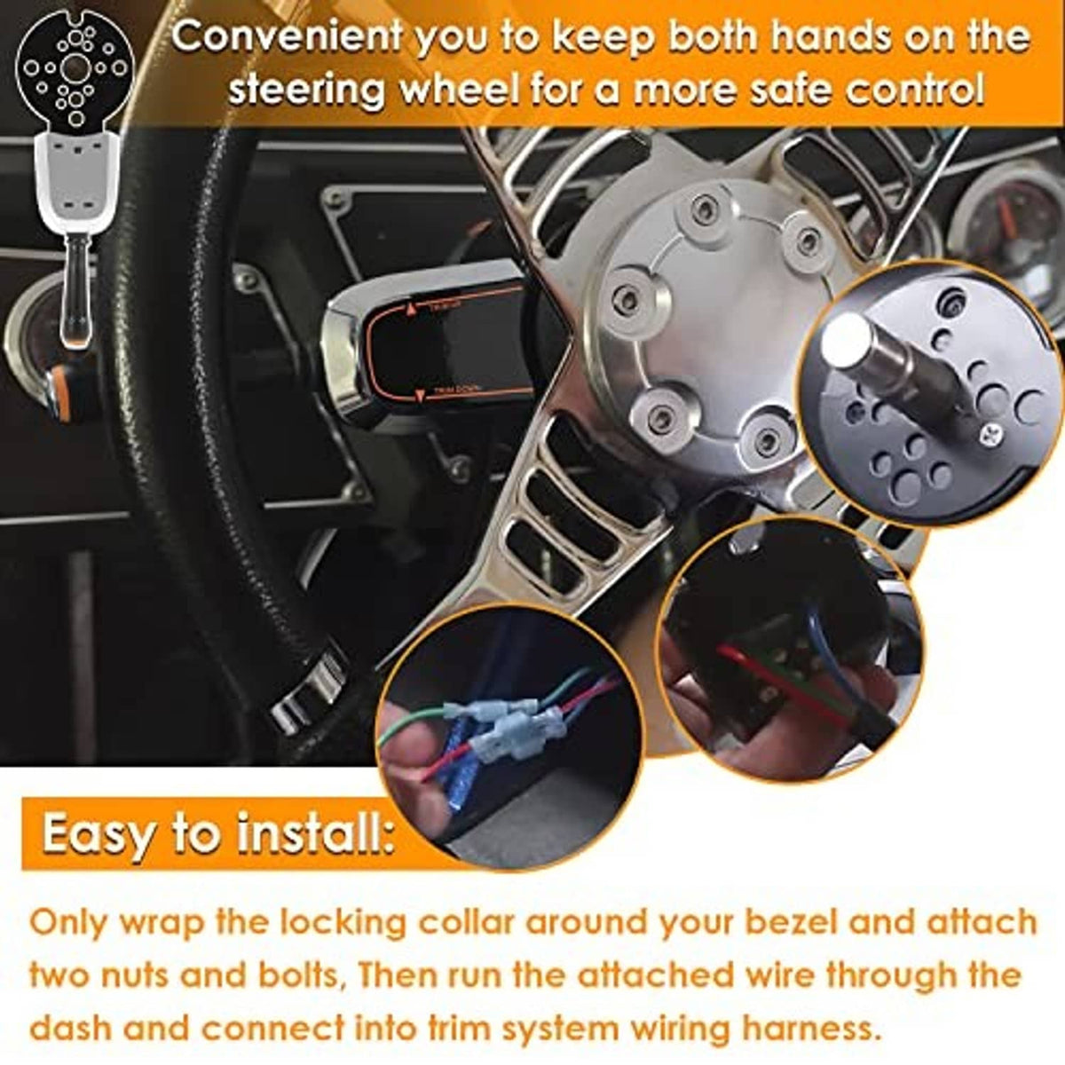 Trim control switch mounted on steering wheel with cable connection and control panel