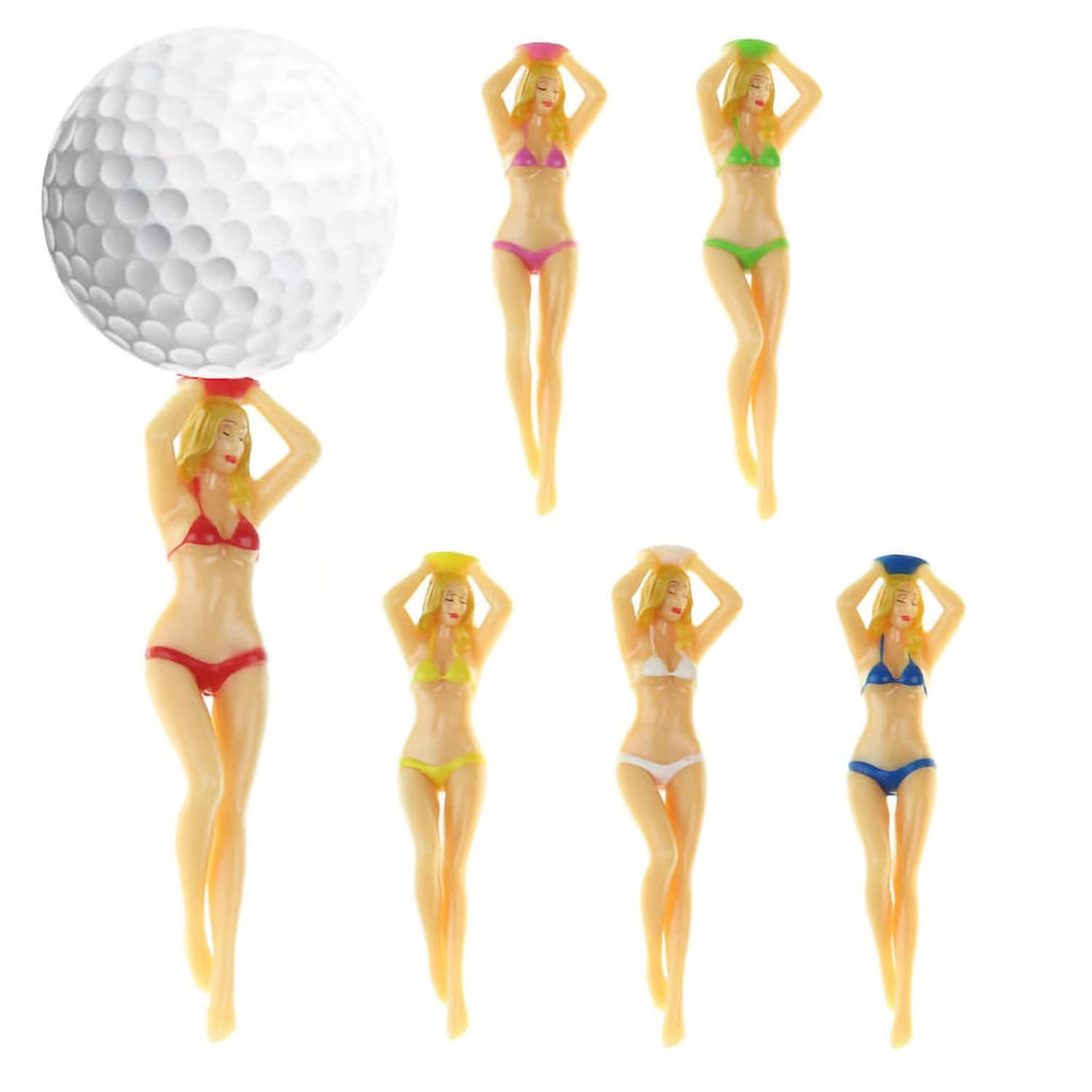 Golf tees featuring six bikini figurine toppers with white ball heads