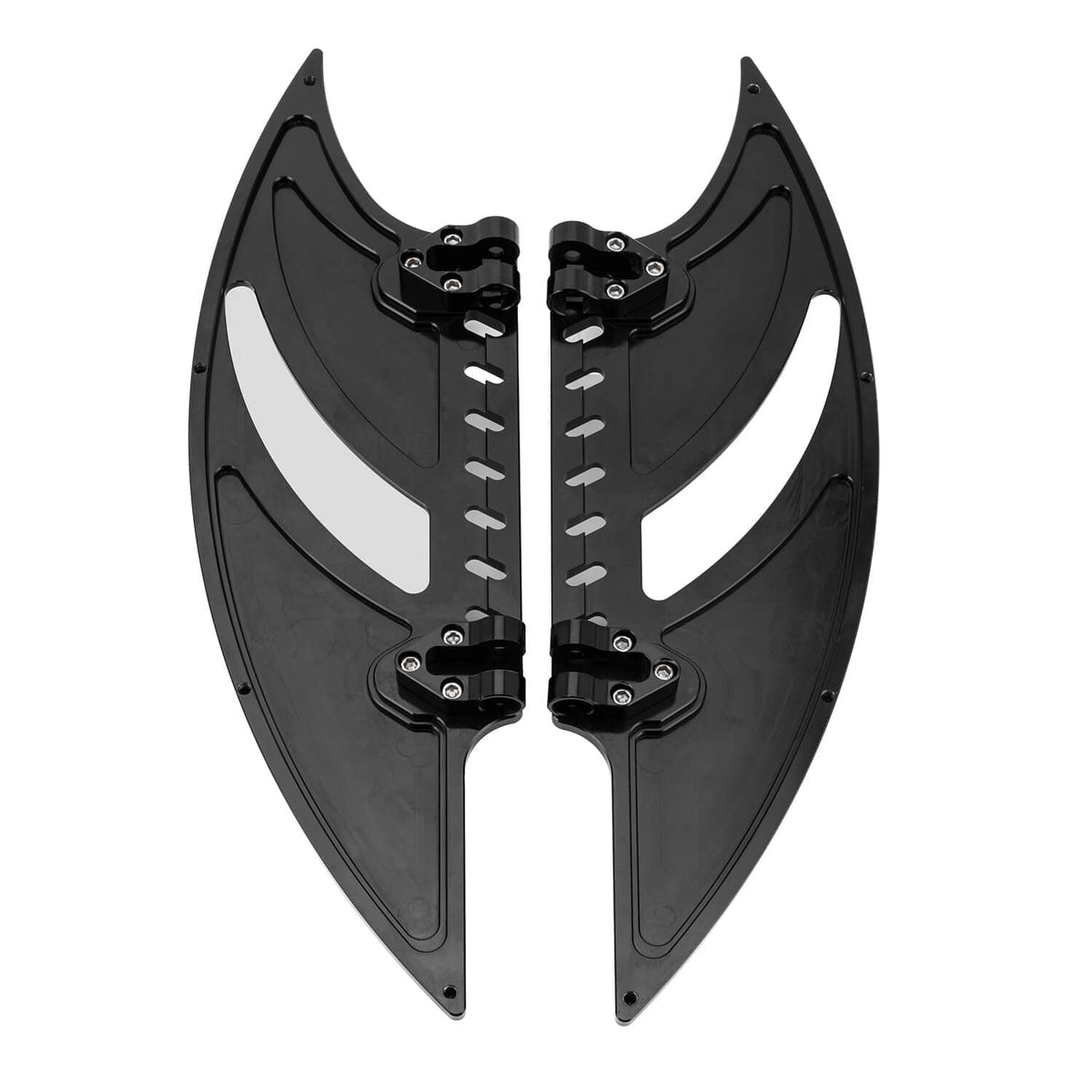 Front motorcycle floorboards pair, black finish with textured grip and mounting brackets