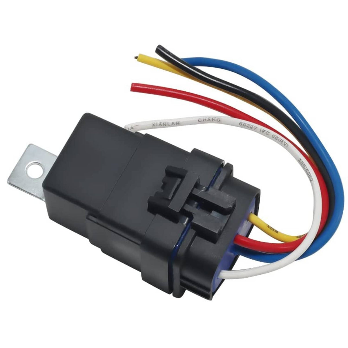 Black tilt relay with wire harness and metal mounting plate, multiple colored leads