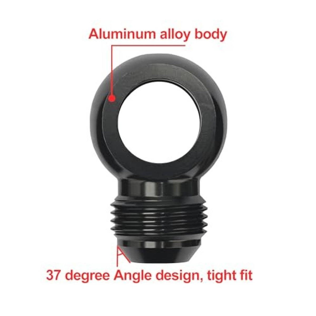 Black banjo fitting with circular center hole and threaded male outlet, side view