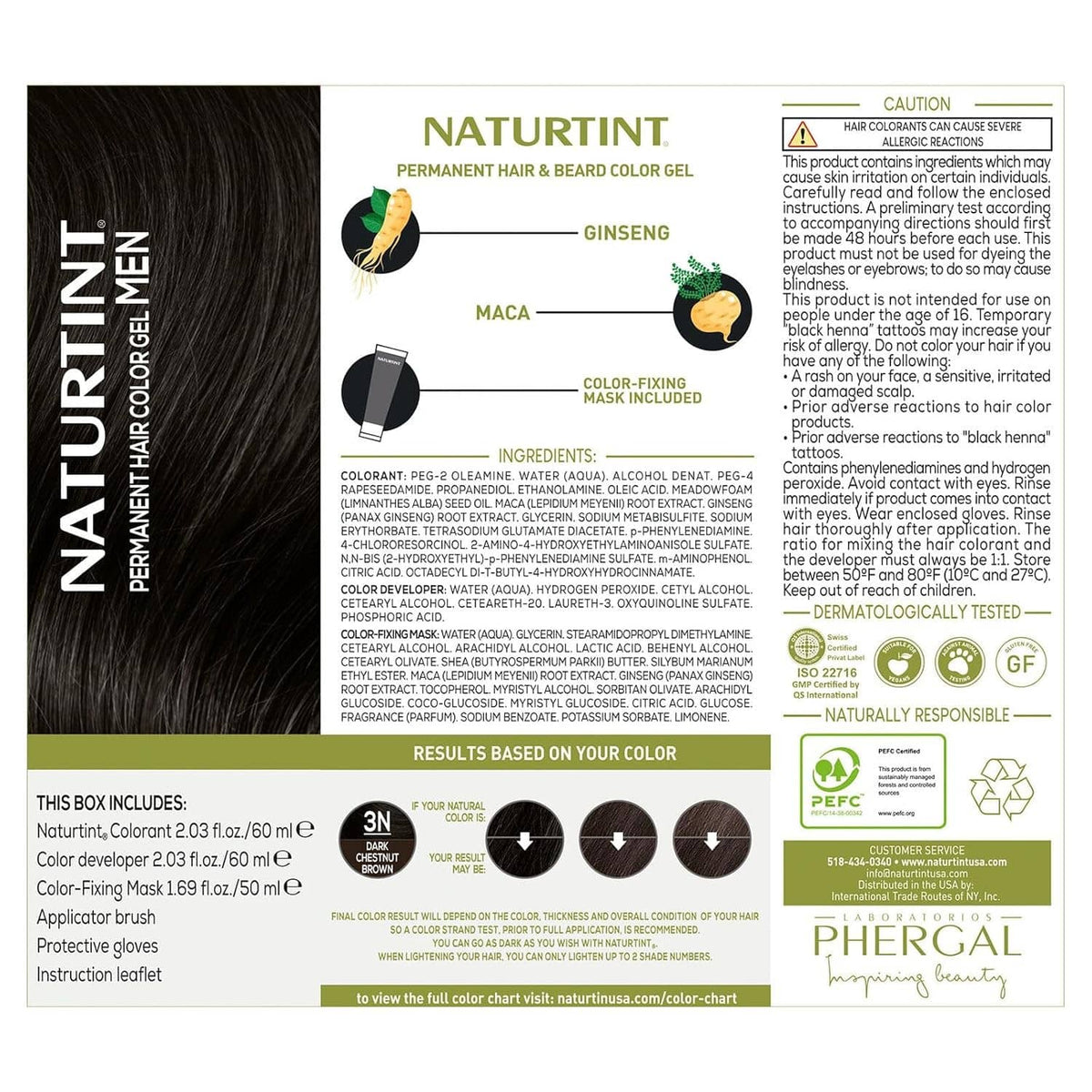 Permanent hair & beard color gel box back panel with ingredients and results