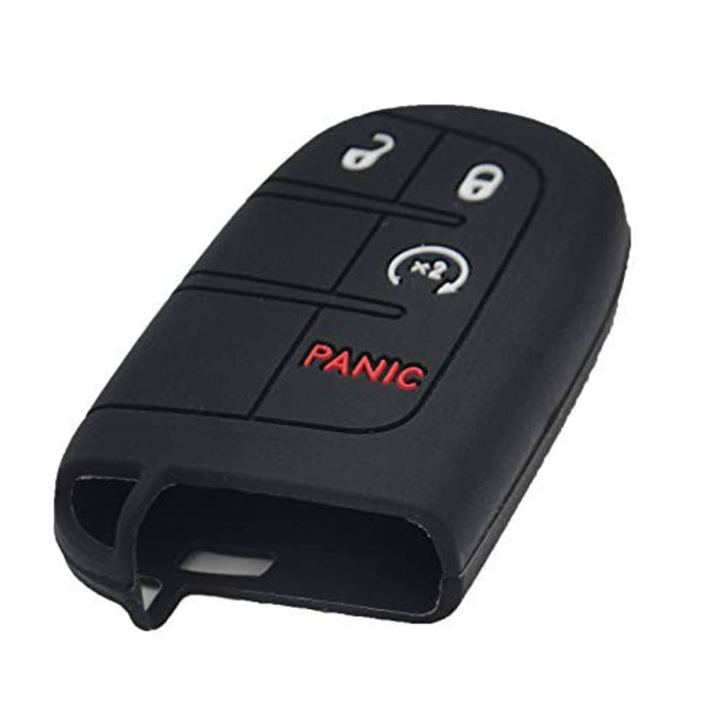 Black silicone key fob cover angled view with button icons and red PANIC text