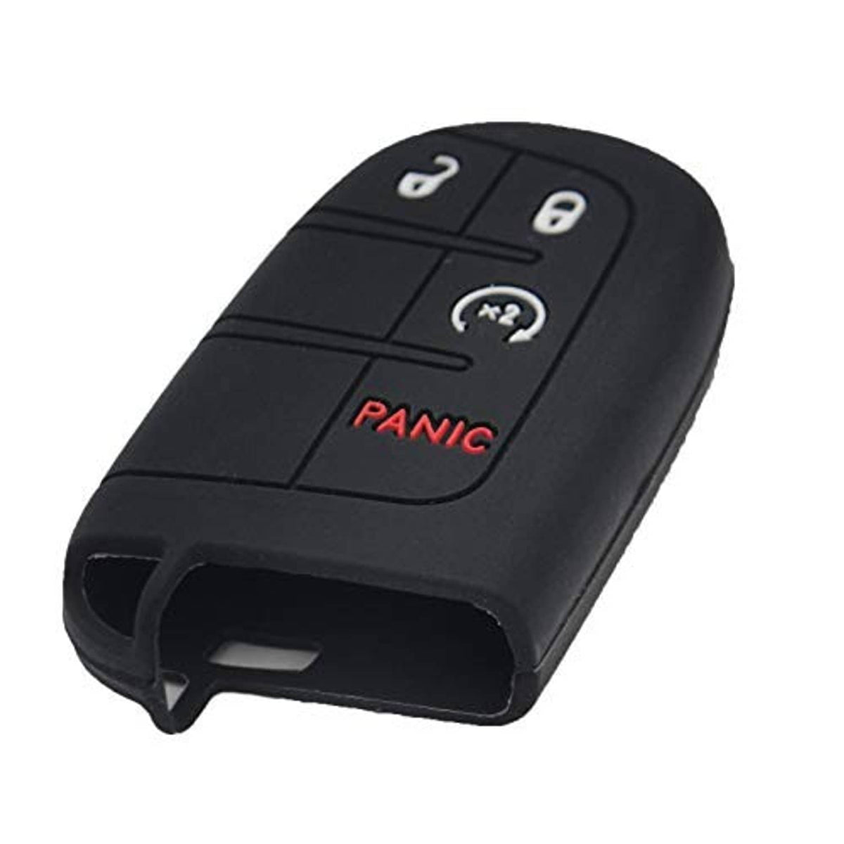 Black silicone key fob cover angled view with button icons and red PANIC text
