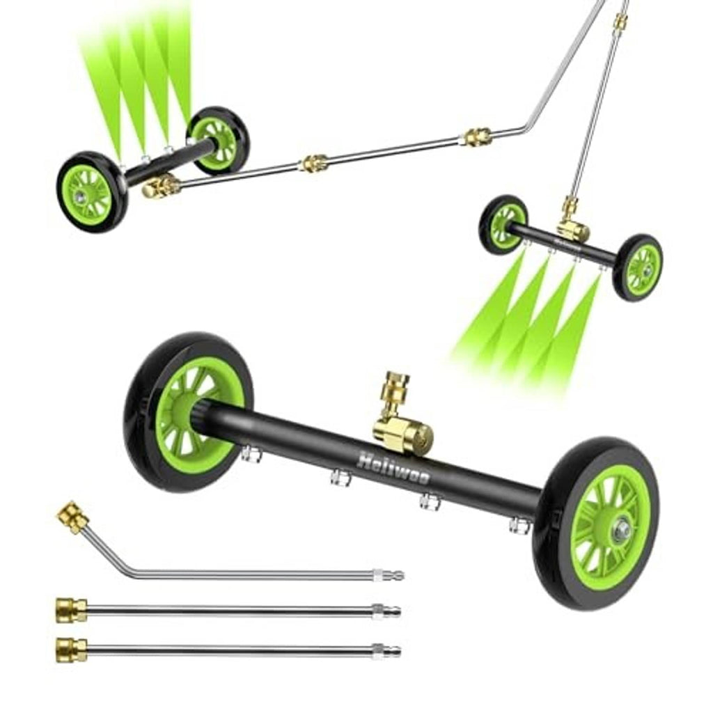 Undercarriage washer attachment with black bar, green wheels, and metal spray wand