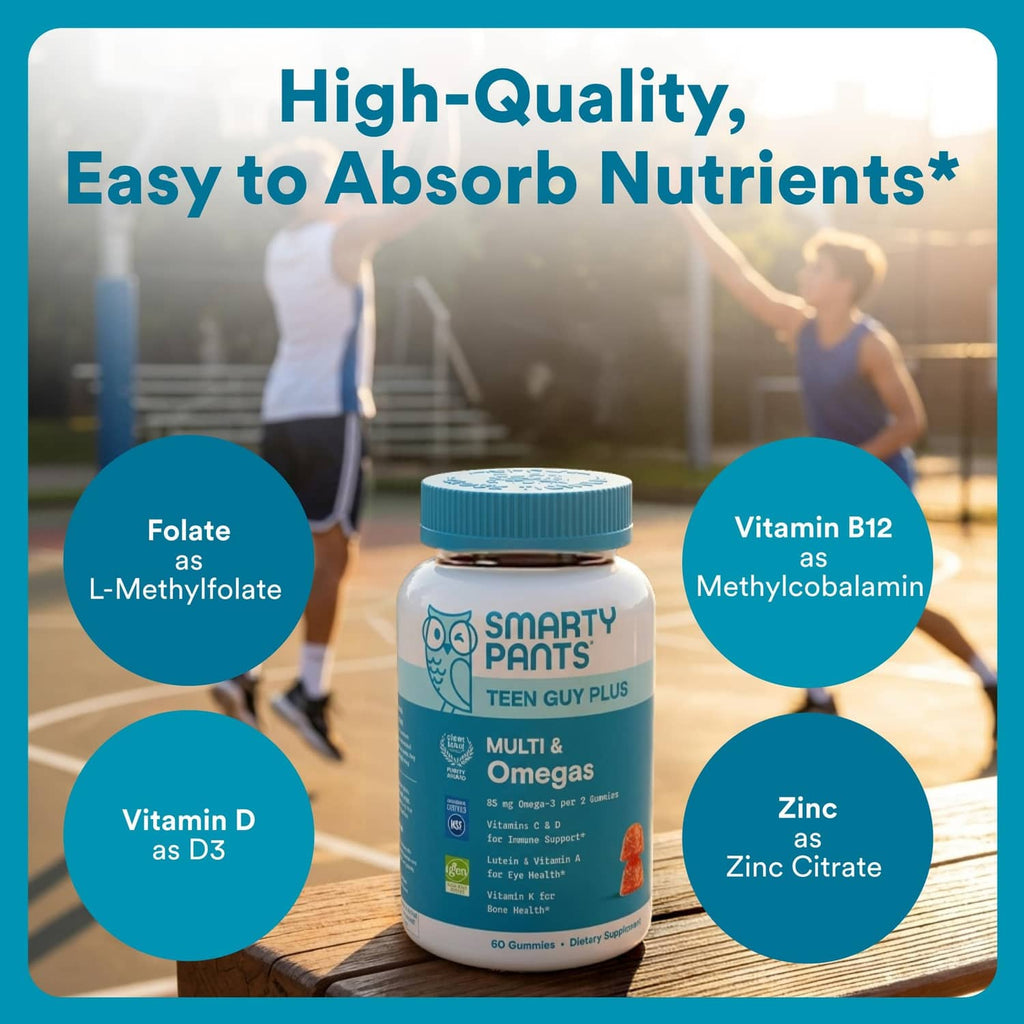 SmartyPants teen guy plus bottle with nutrient circles for easy absorption