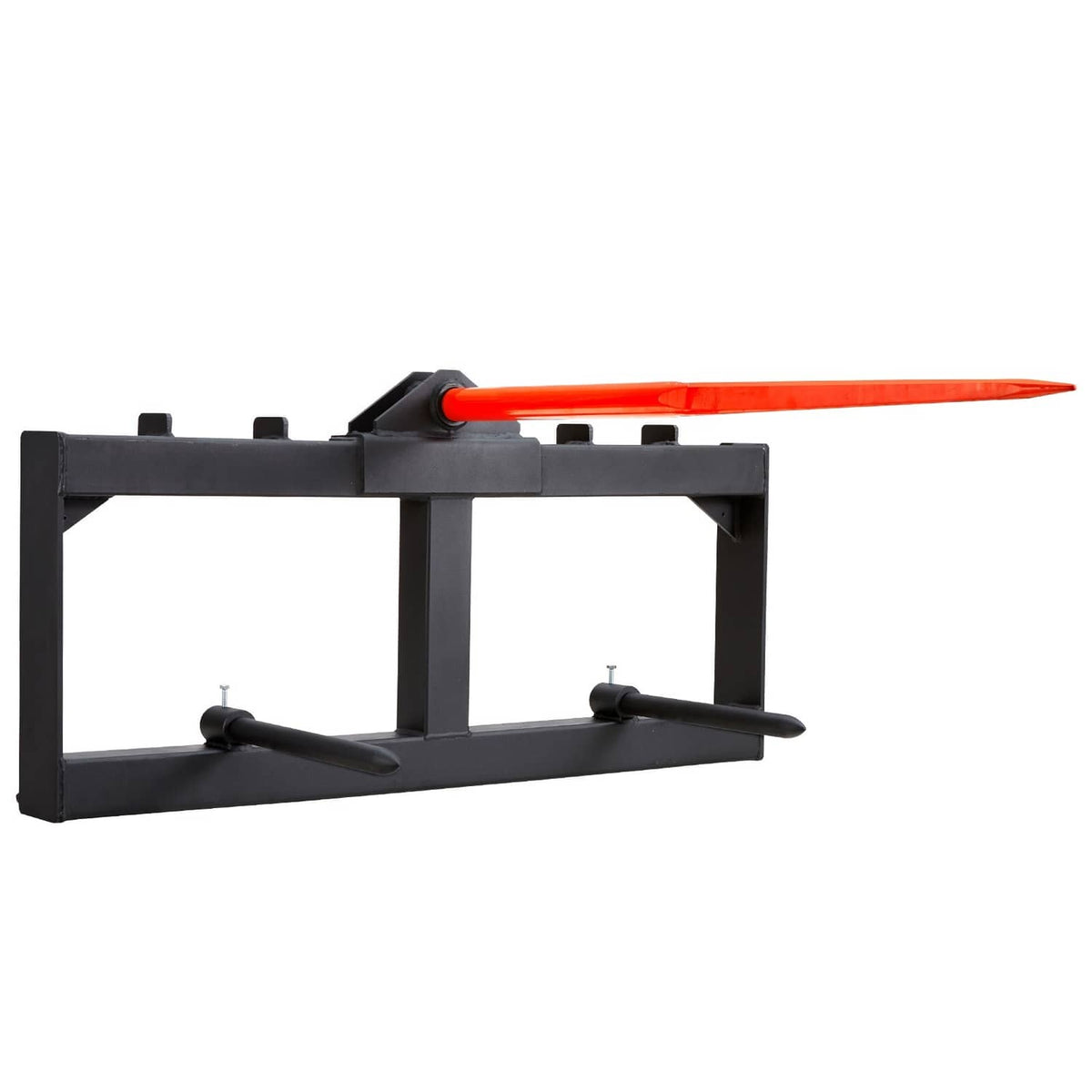 Black hay spear attachment with long orange spear and two side support spikes
