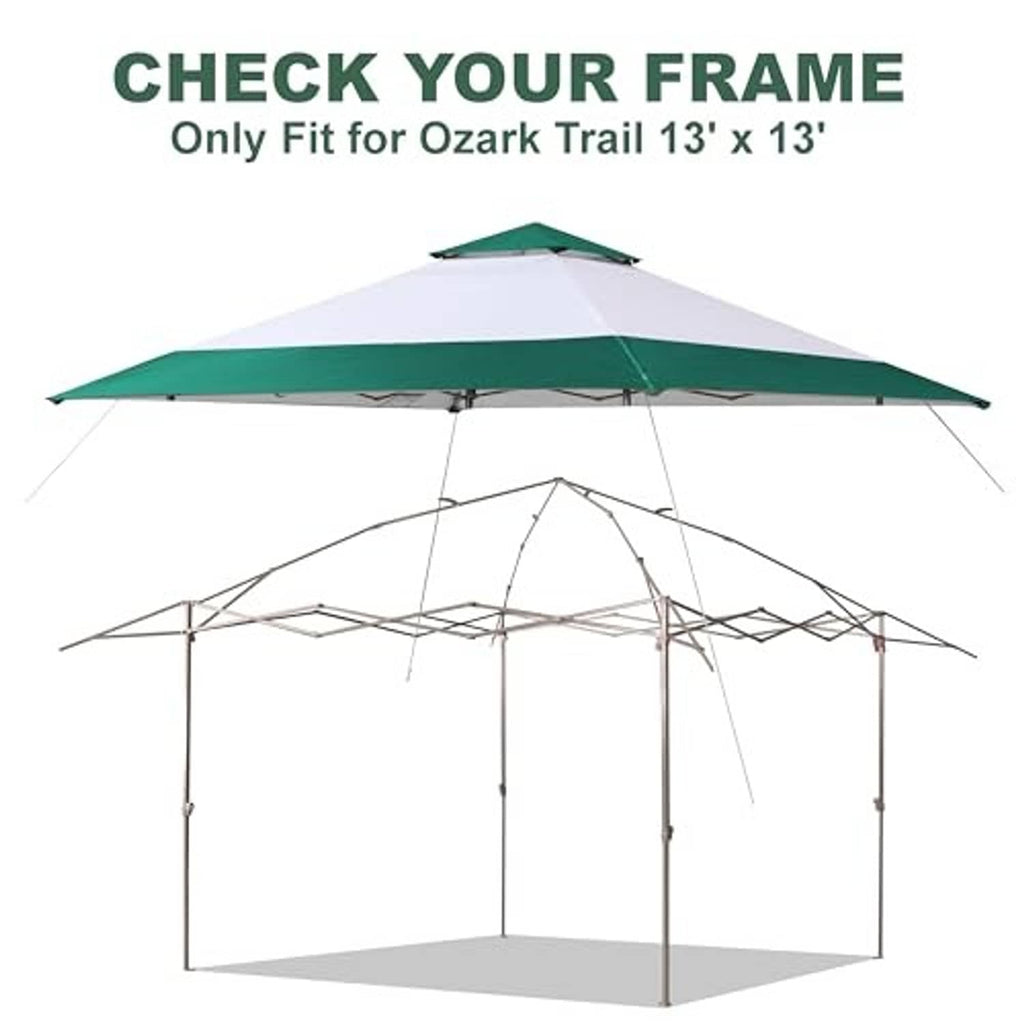 Forest green and white canopy replacement top installed over an open metal frame