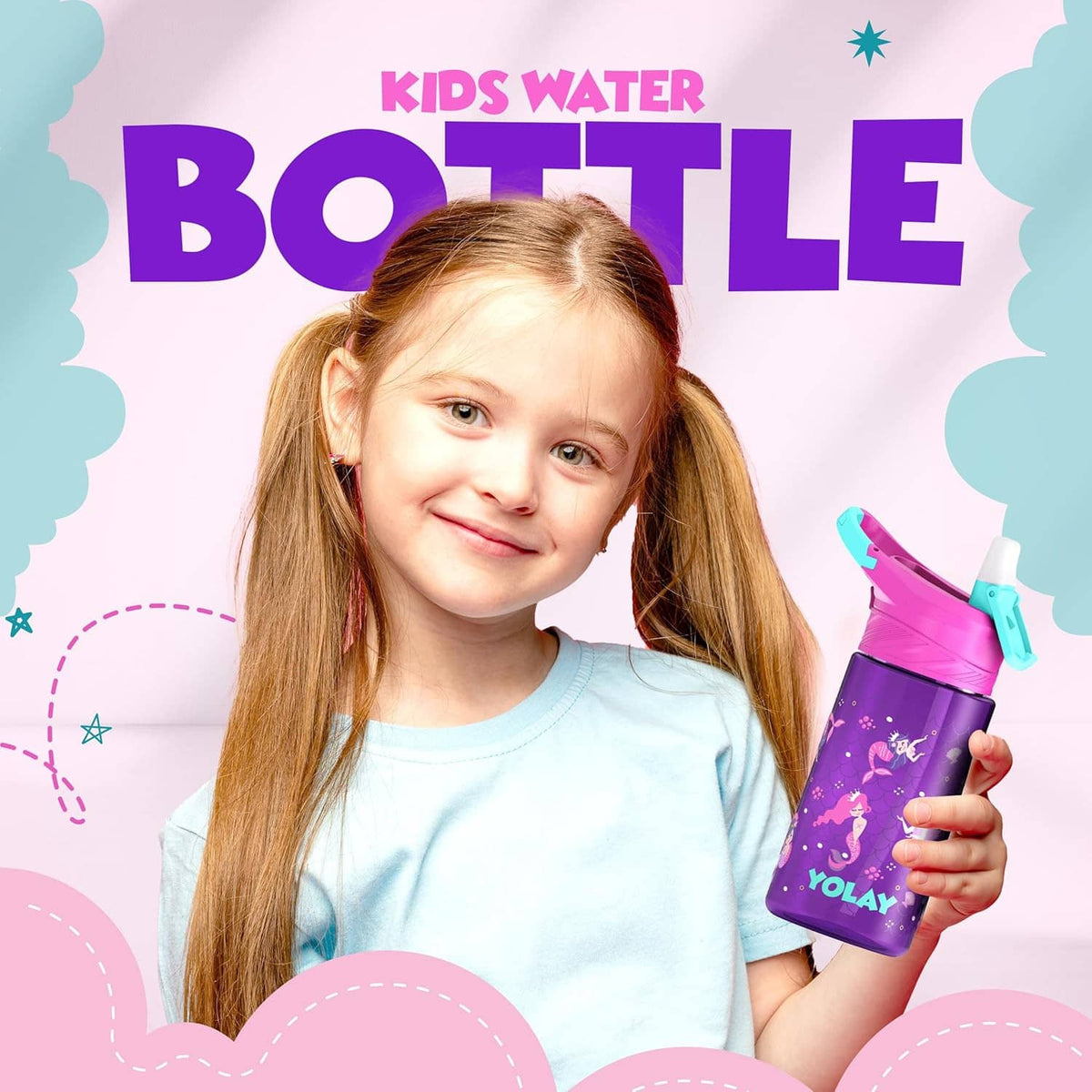 Young girl holding purple kids water bottle, pink flip lid and turquoise straw spout
