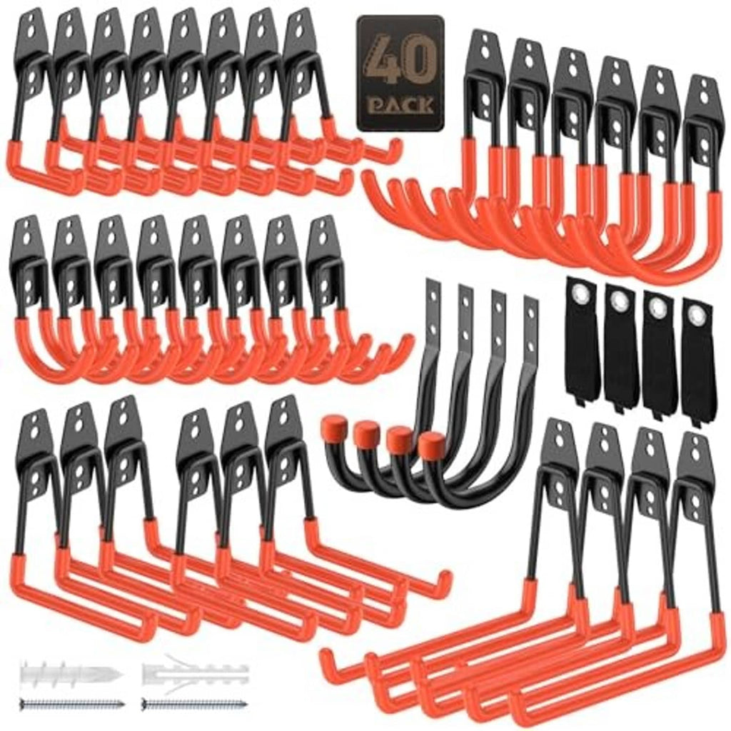 Orange and black 40-pack garage storage hooks with multiple U hooks and straight hooks