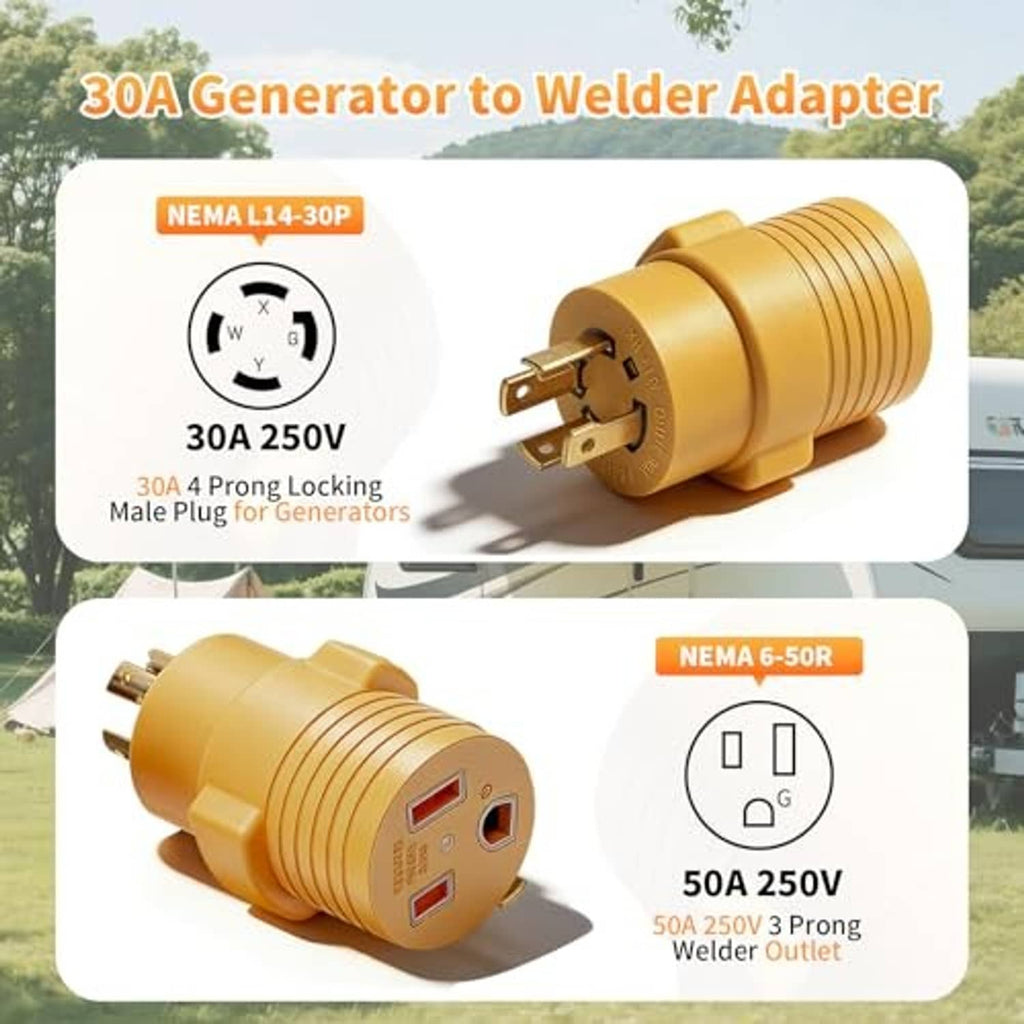 Yellow generator-to-welder adapter with metal 4-prong plug and 6-50R outlet