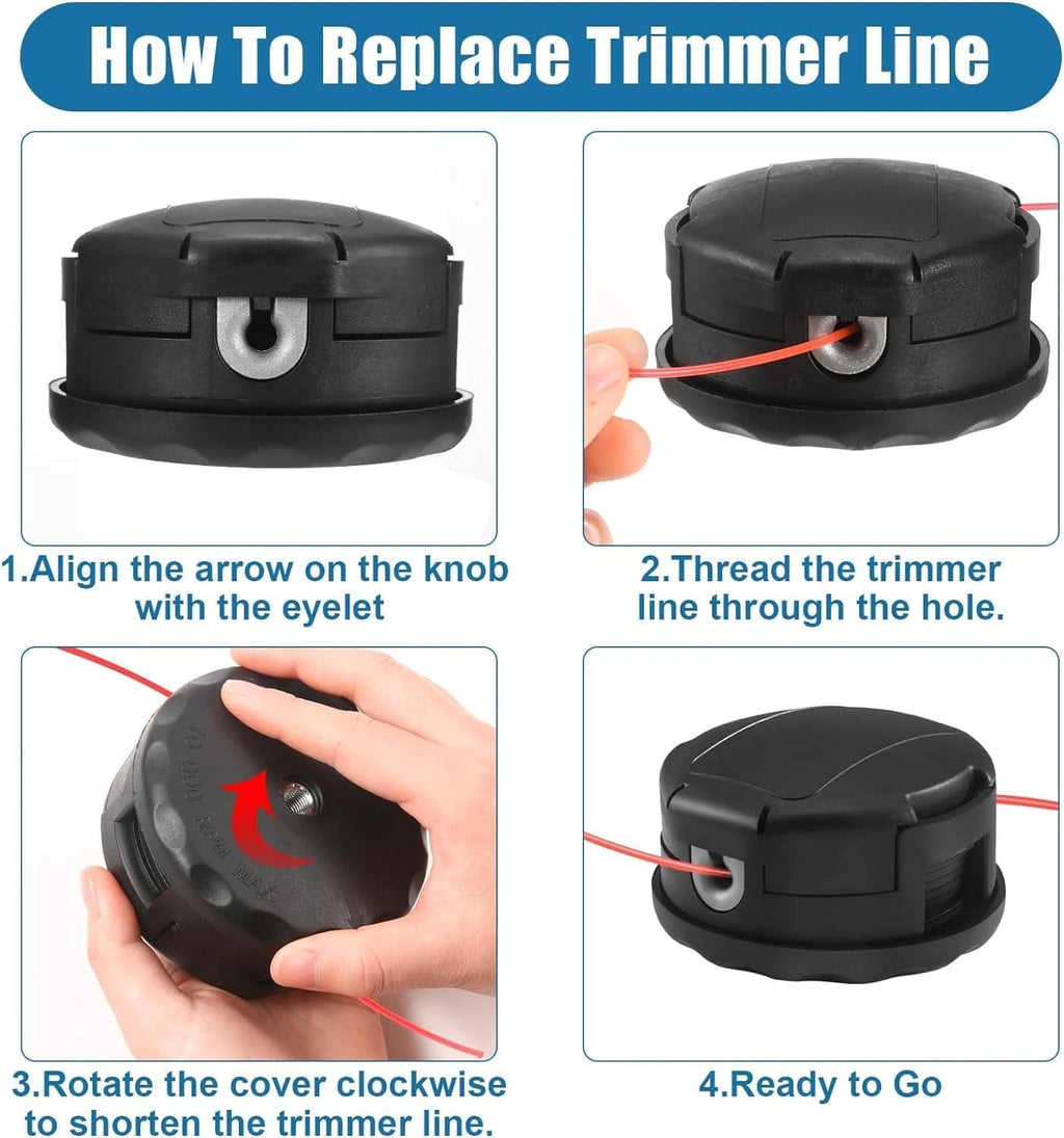Black string trimmer head with red cutting line shown during line replacement