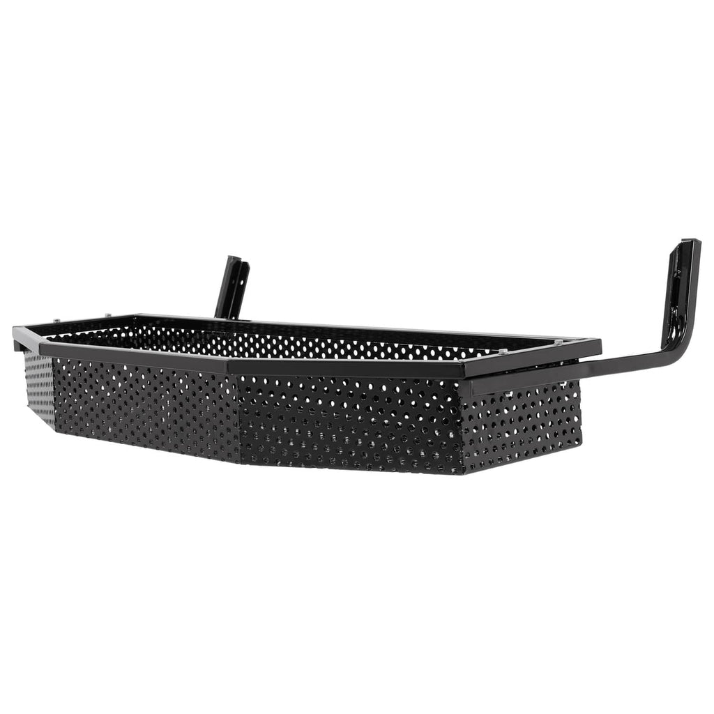 Black perforated cargo basket tray with curved side rails and upright mounting brackets