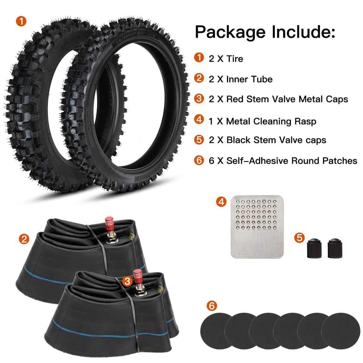 Tire and inner tube kit with tires, tubes, valve caps, and self-adhesive patches