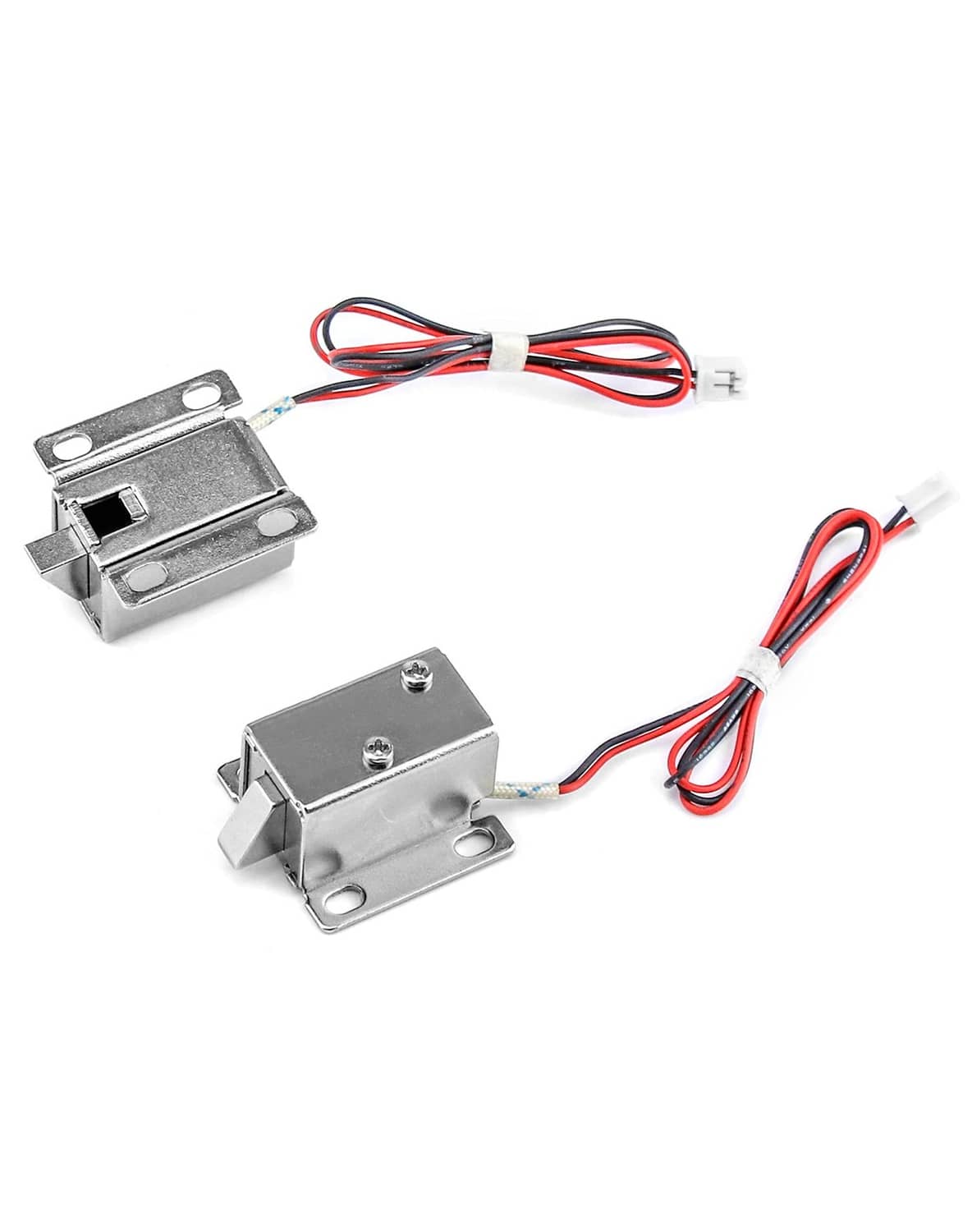 Mini electromagnetic solenoid lock set with silver housing and red/black wire leads.