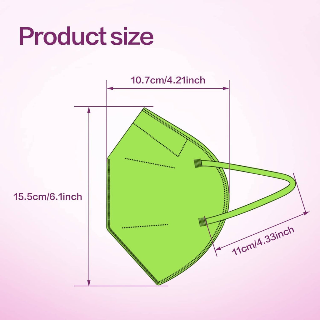 Green foldable KN95 face mask with triangular cup shape, shown with dimensions