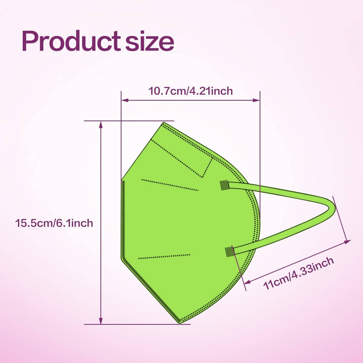 Green foldable KN95 face mask with triangular cup shape, shown with dimensions