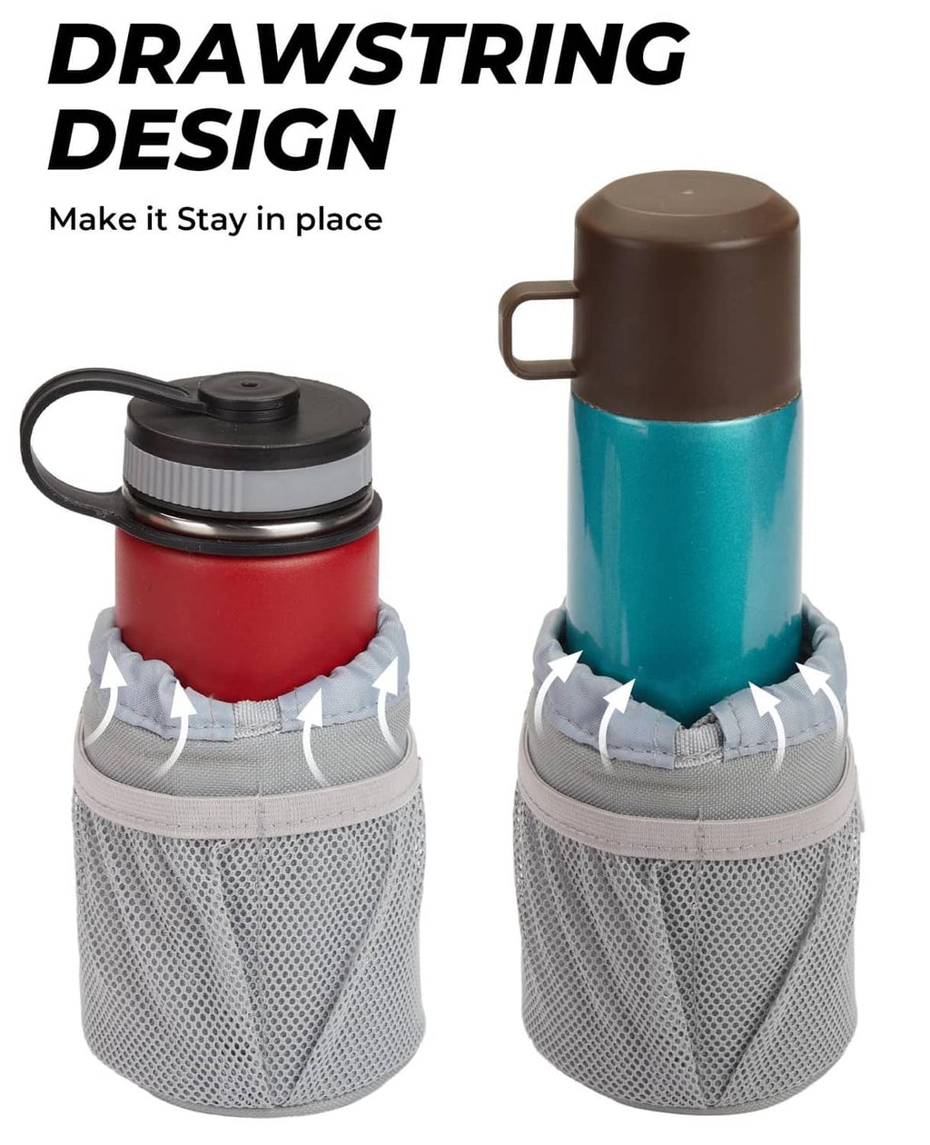 Gray drawstring motorcycle cup holder pouch with adjustable opening