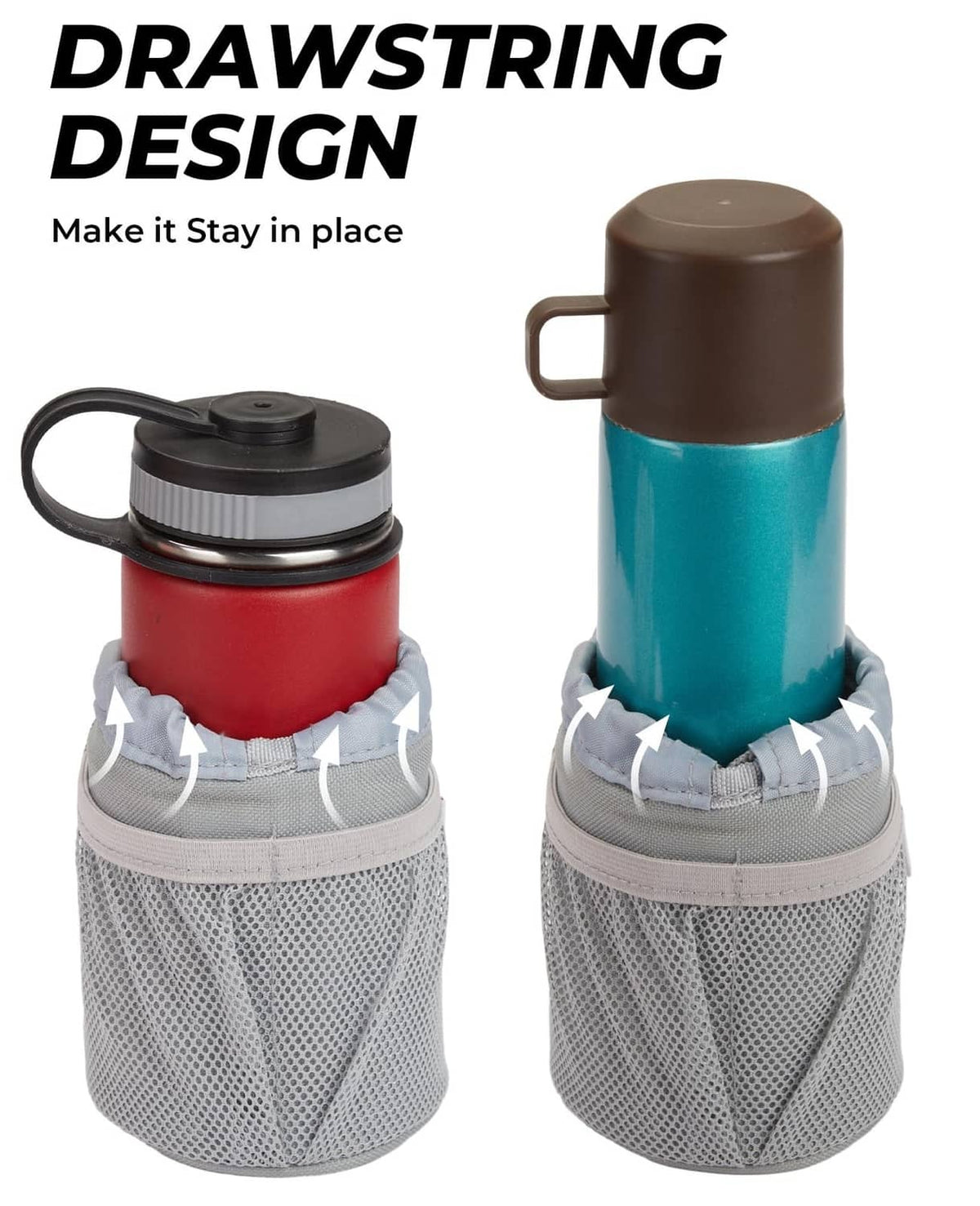 Gray drawstring motorcycle cup holder pouch with adjustable opening