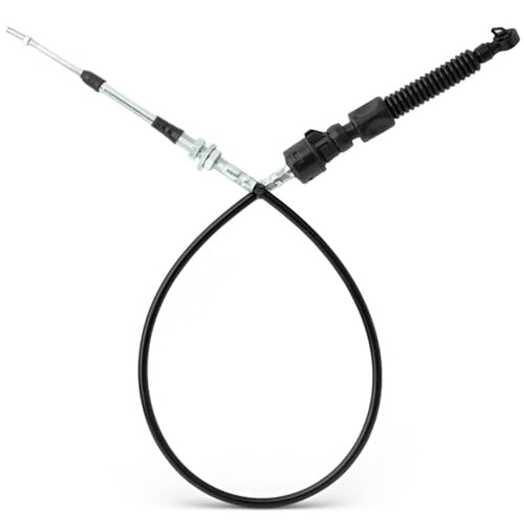 Transmission shift cable looped with black spring boot and metal rod ends