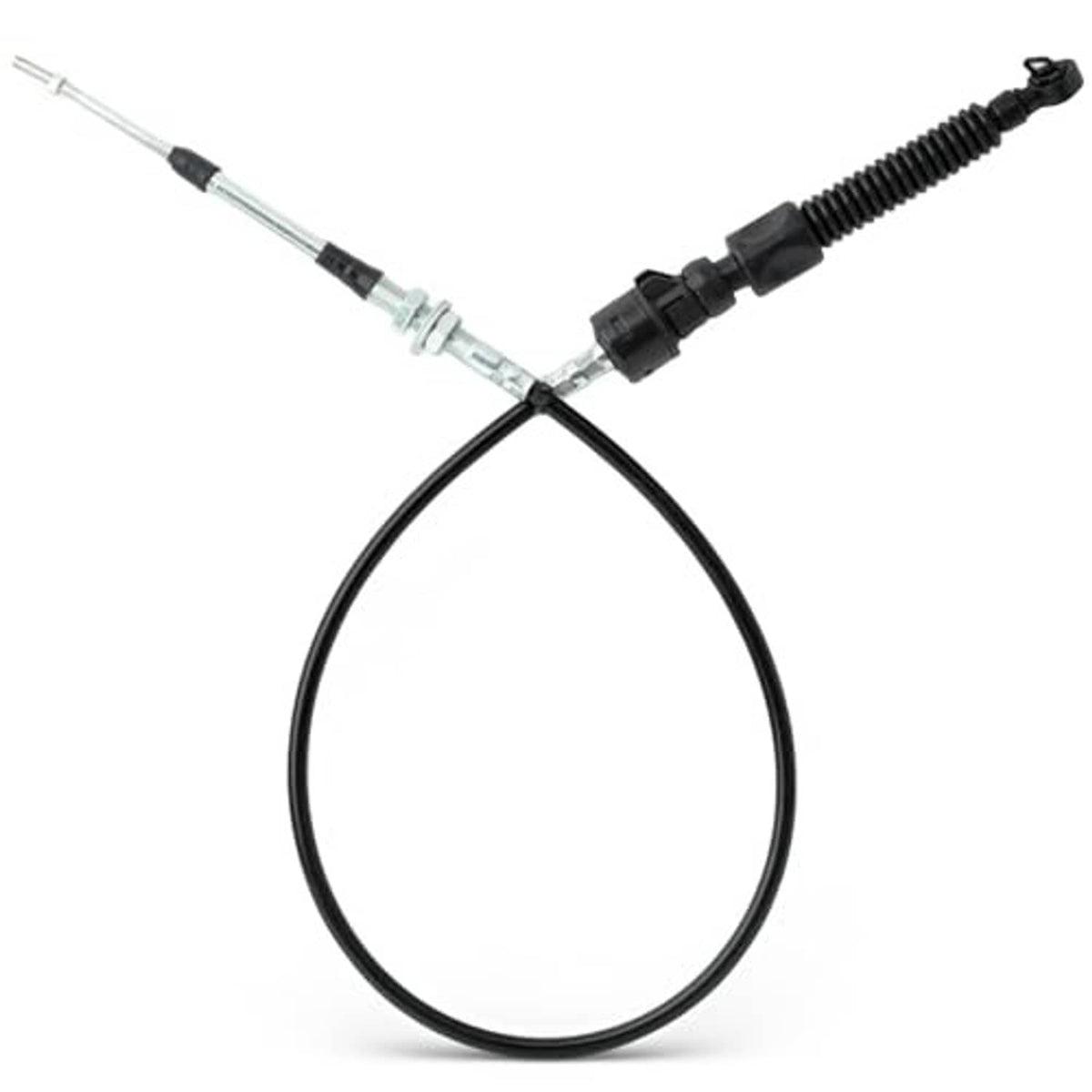 Transmission shift cable looped with black spring boot and metal rod ends