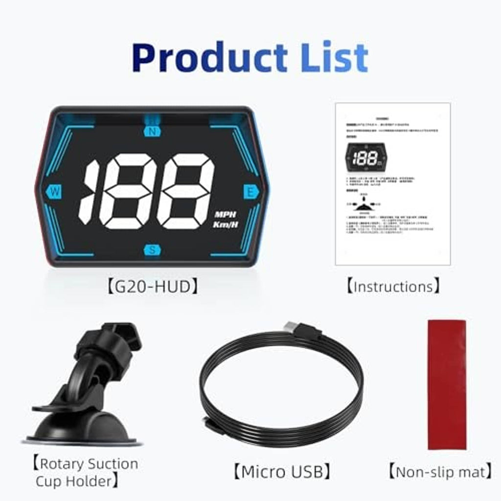 Car HUD speedometer kit with mounting cup holder, cable, and instruction sheet