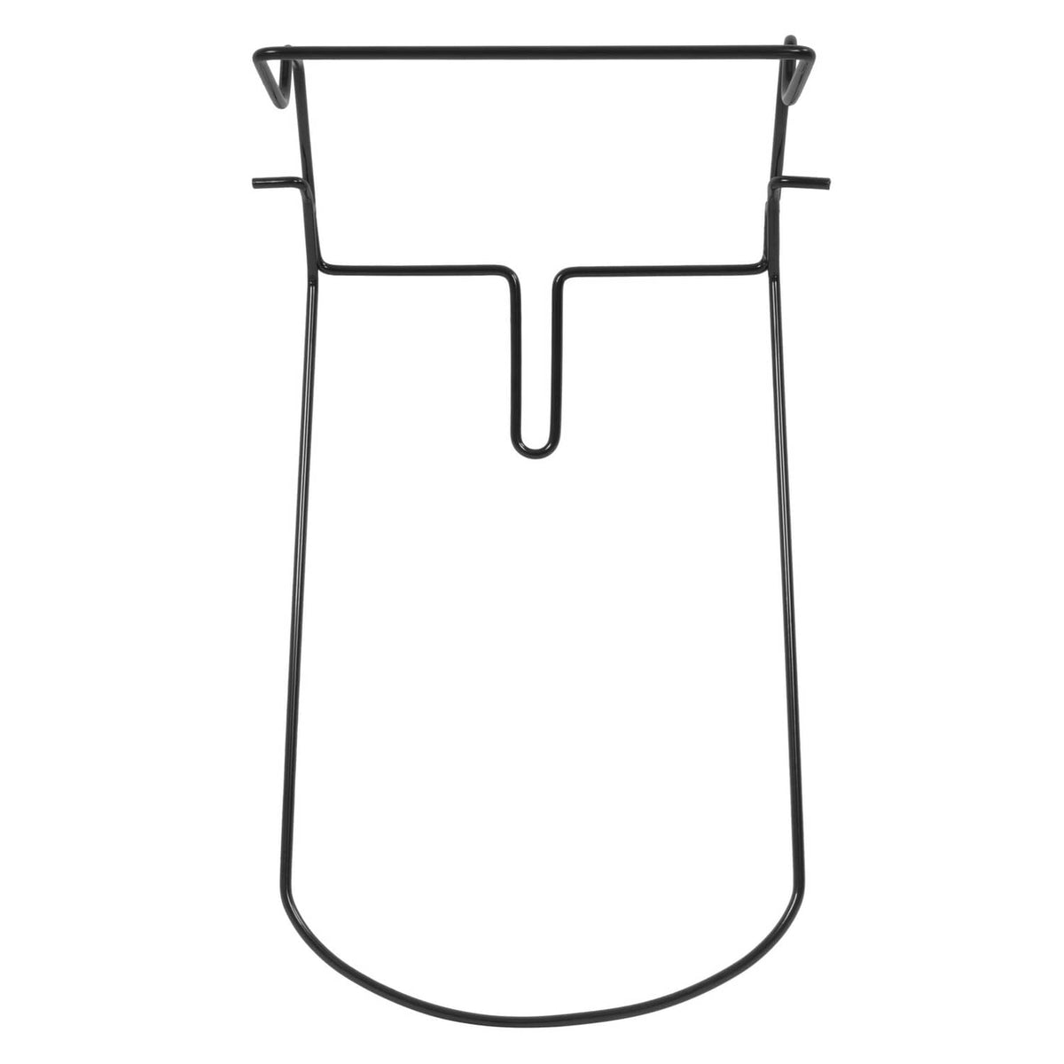 Lawn mower bag frame, black metal rectangular top with two side hooks and center tab