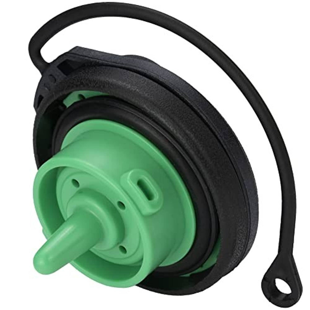 Fuel tank gas cap side view, green insert and black seal with retaining loop