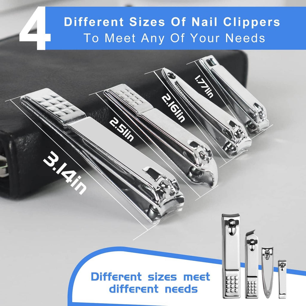 Set of metal fingernail clippers in different sizes, shown in a black case