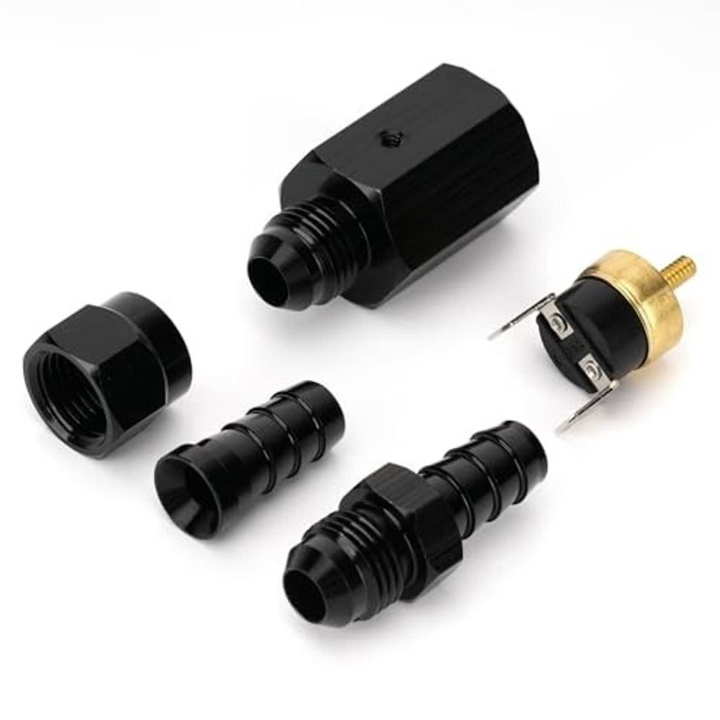 Black in-line thermostat switch with brass sensor and barbed connectors