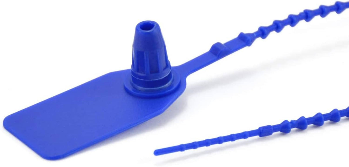 Blue plastic tamper seal zip tie with flat head and pointed locking end.